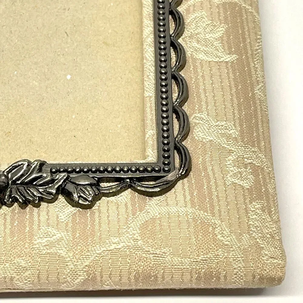 Vintage Russ Berrie 5x7 Fabric Pewter Floral Photo Frame with Tag-Tabletop